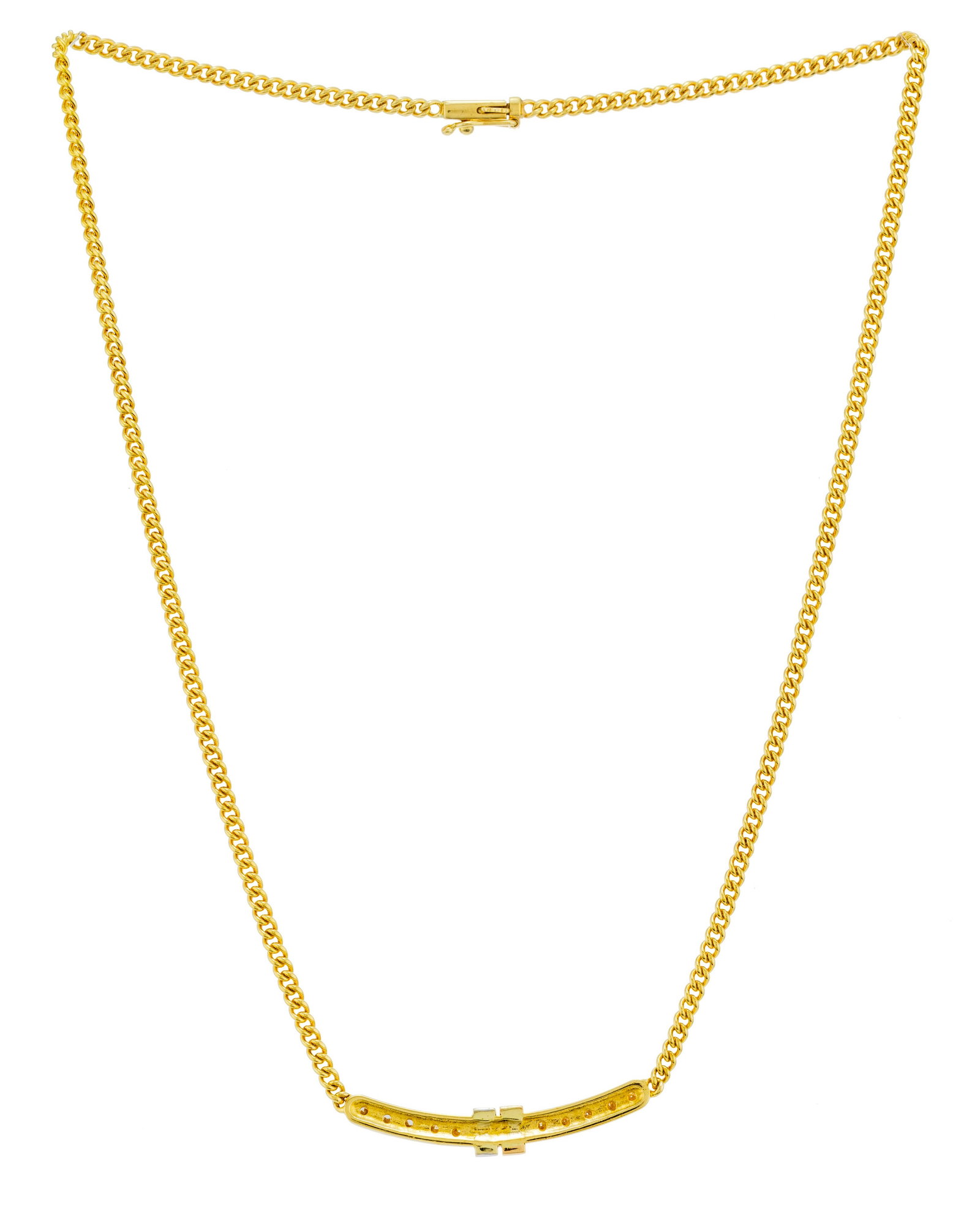 Collier or 750 à maille gourmette retenant un centre serti de diamants taille brillant, long. 4 - 3