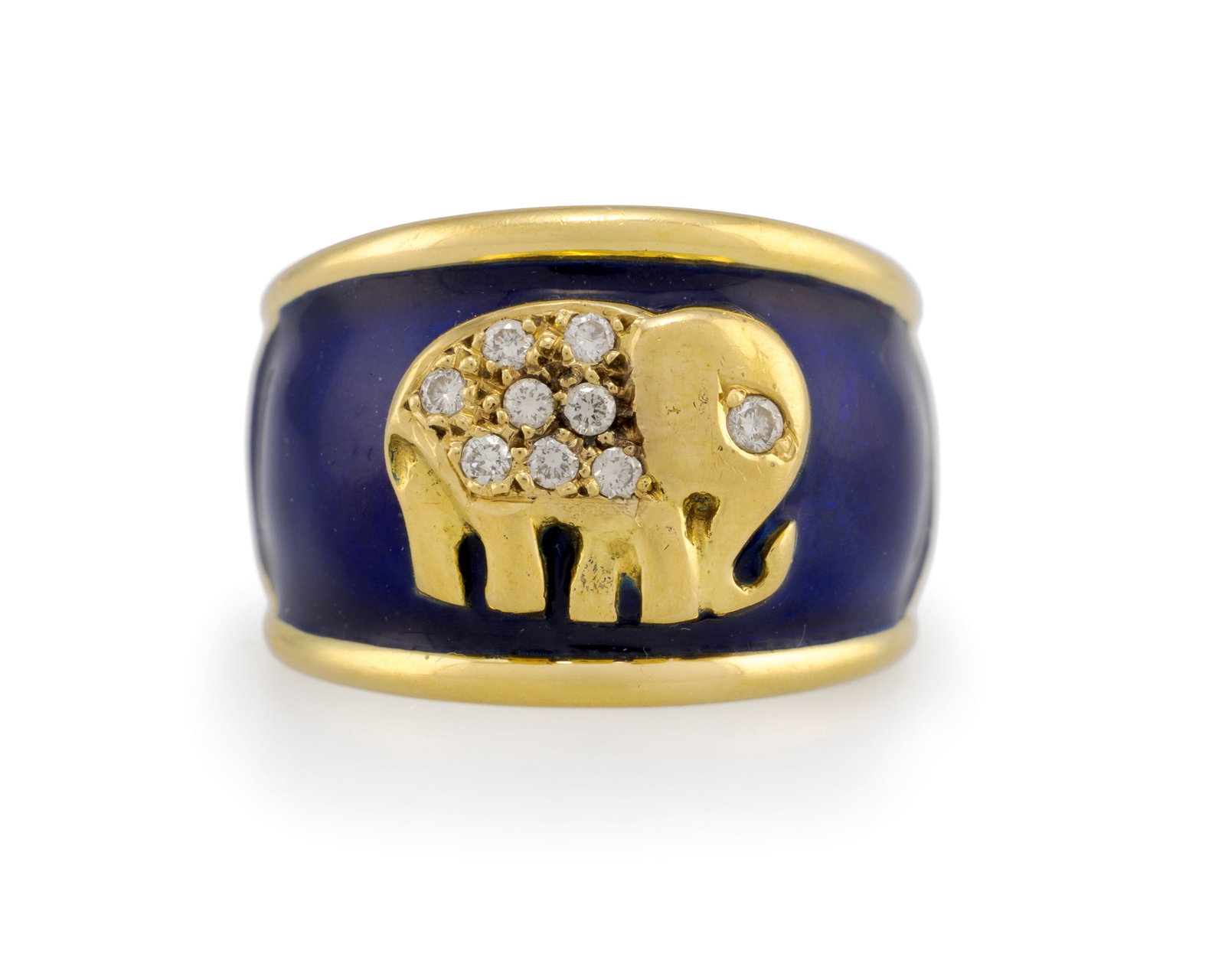 Bague or 750 et émail bleu ornée d'un éléphant serti de diamants taille brillant: Bague or 750 et émail bleu ornée d'un éléphant serti de diamants taille brillant, doigt 54-14, 15g Condition Monture: Bon état de conservation général.