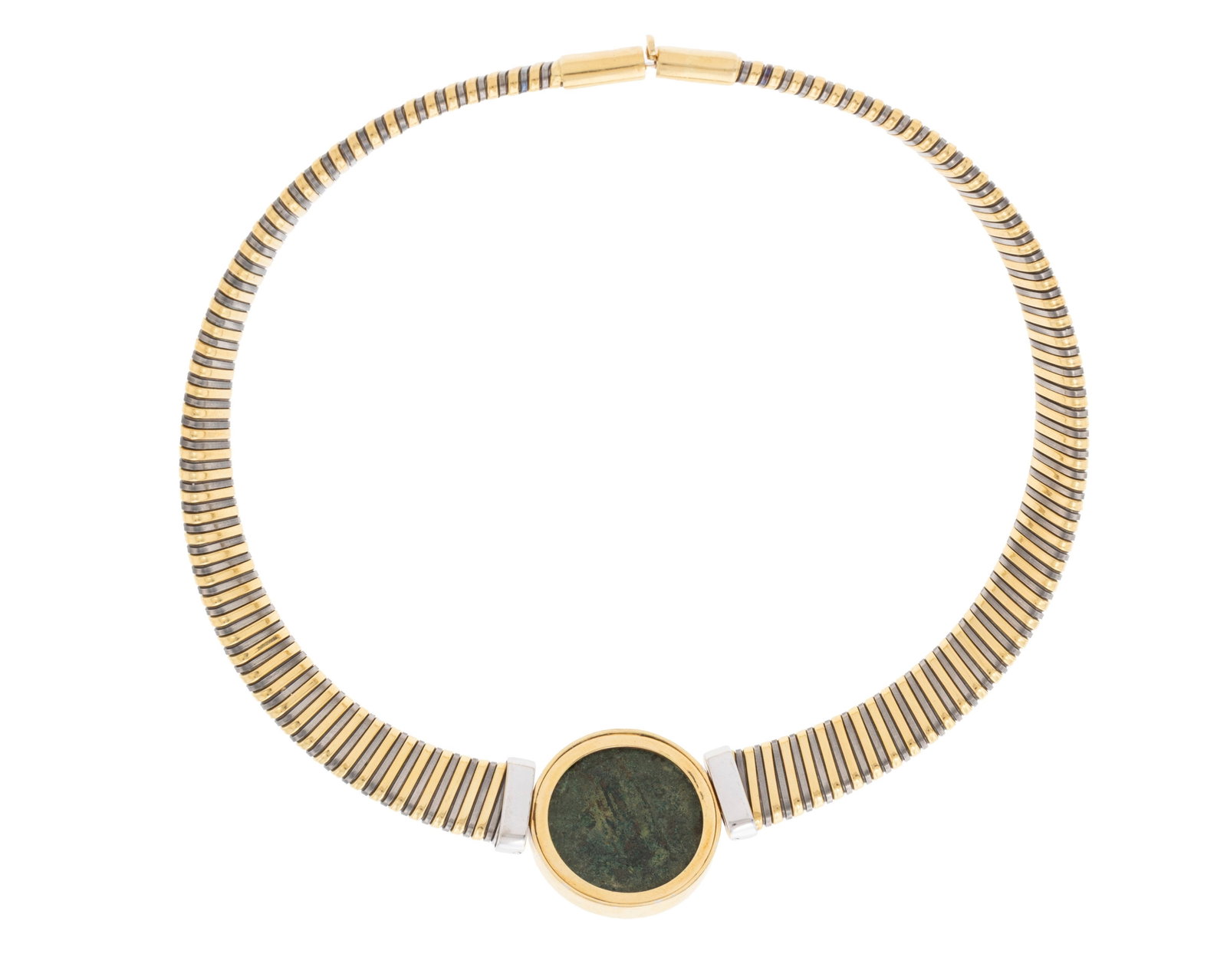 Collier 2 ors 750 et titane à maille tubogas centrant un sesterce frappé du profil de Marc - 3