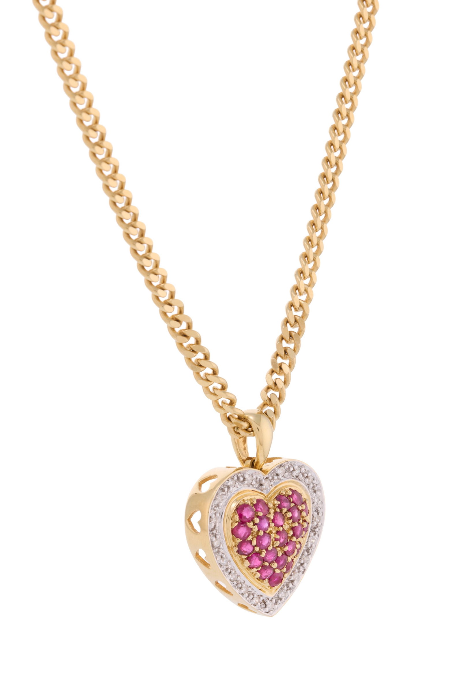 Pendentif cœur 2 ors 750 serti de rubis et de diamants taille 8/8, sur une chaîne en or 75 - 2