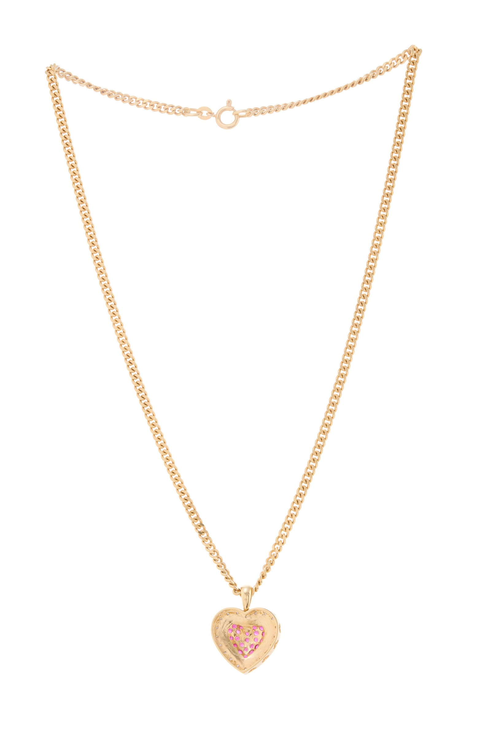 Pendentif cœur 2 ors 750 serti de rubis et de diamants taille 8/8, sur une chaîne en or 75 - 3