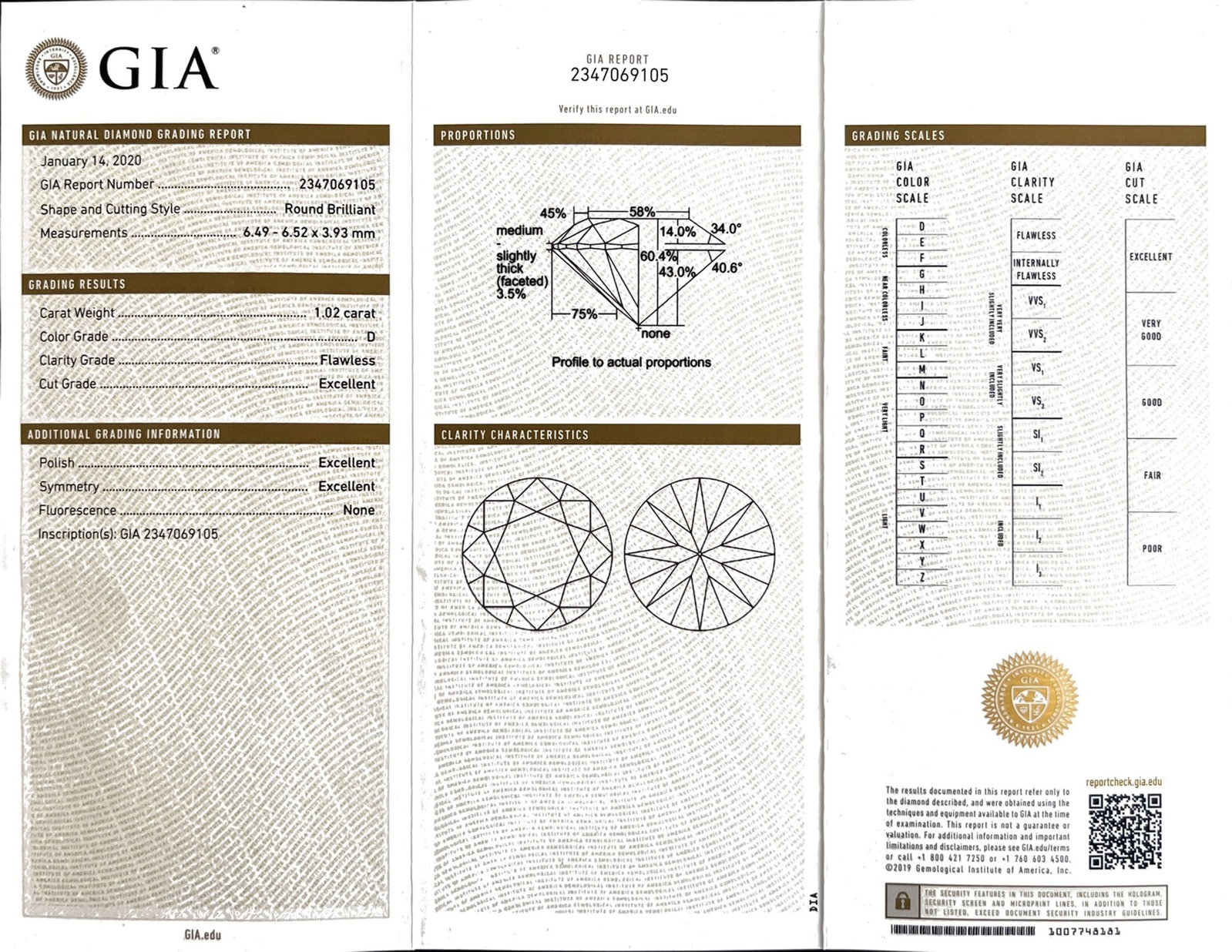 Appairage de deux diamants taille brillant sur papier de respectivement 1.02 carat, D, Flawless et 1 - 2