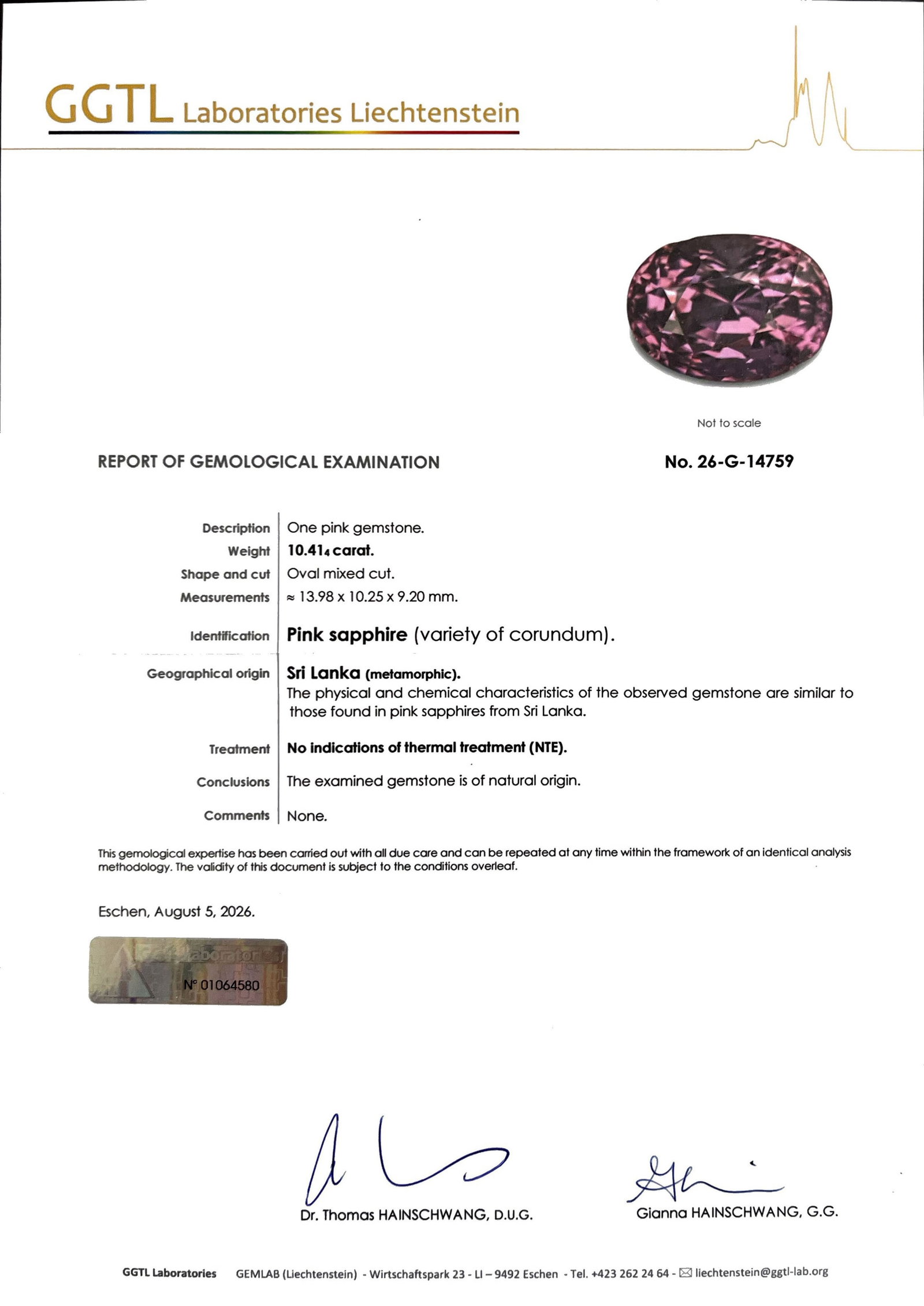1 saphir rose taille ovale sur papier de 10.41 carats, Ceylan, non chauffé selon le rapport GGT - 3