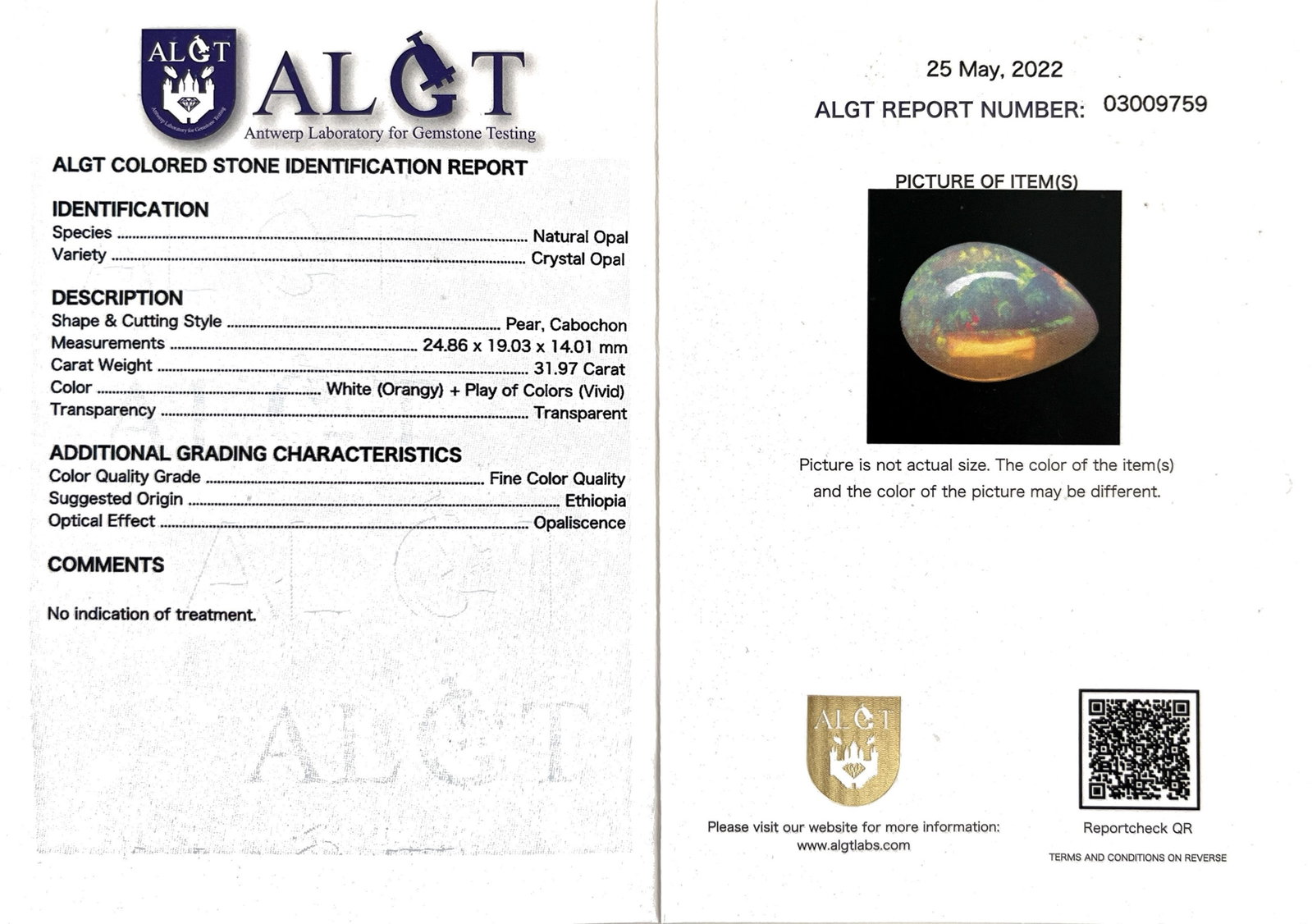 Une opale piriforme sur papier de 31.97 carats, éthiopienne, selon le rapport ALGT n° 0300 - 3
