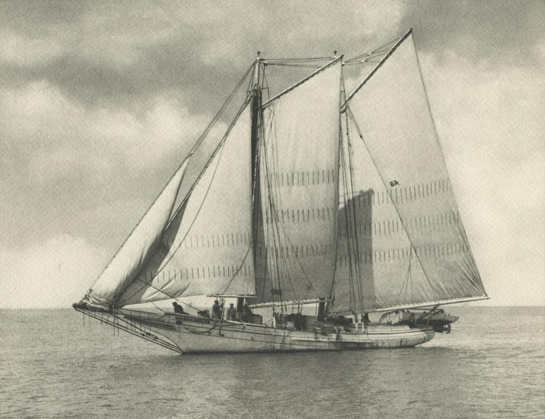 William F. Happich, untitled, c. 1920: William F. Happich , untitled (sail boat), c. 1920. vintage gelatin silver print, 6 3/4 x 8 3/4 inches, on a 14 x 11 inch sheet. Signed on the print recto. Condition: age fading to paper with no affec