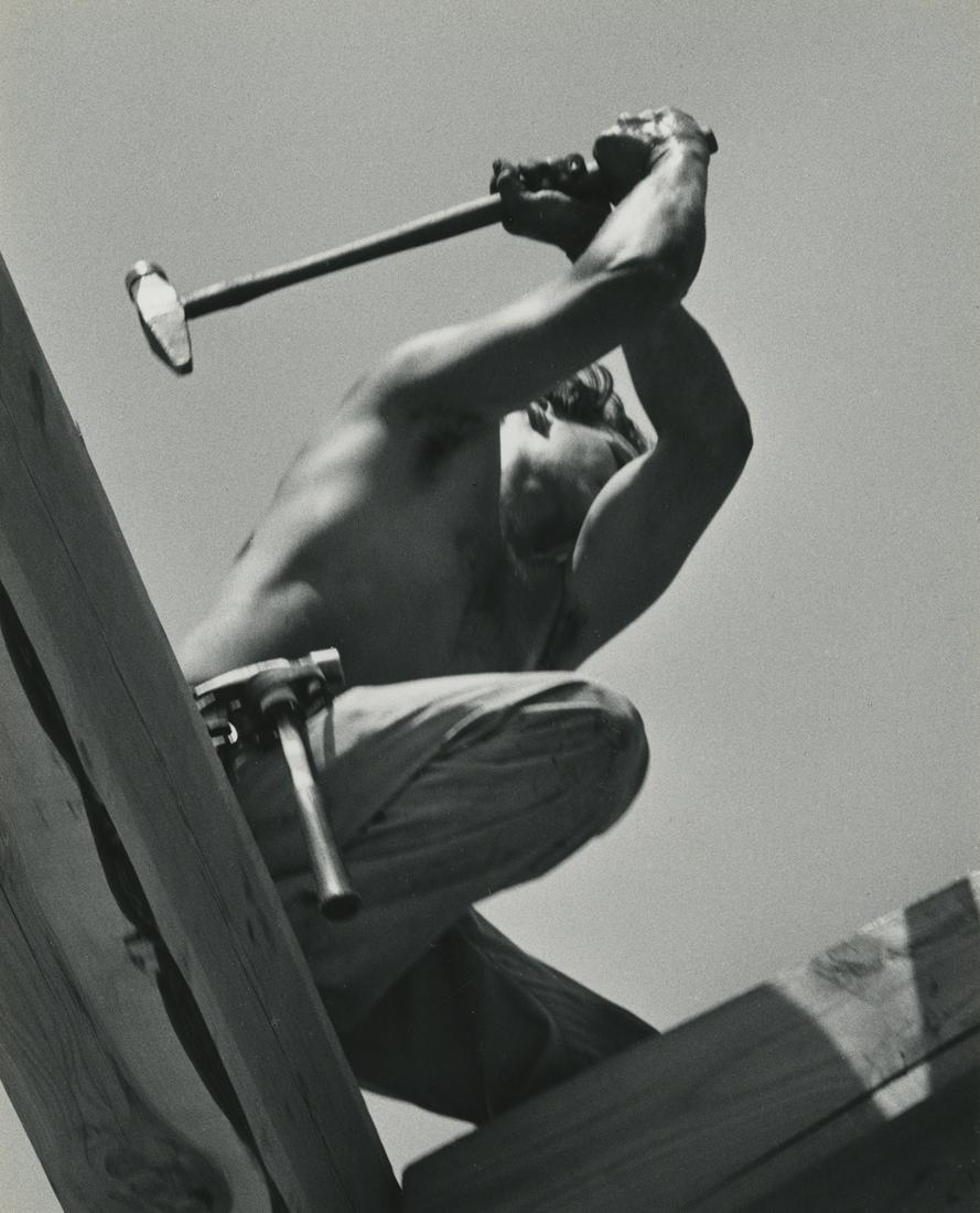 Pirkle Jones, Worker, Saratoga, CA, 1958: Pirkle Jones, Worker, Saratoga, California, 1958. gelatin silver print from Portfolio 2, printed 1968, 13 x 10 1/2 inches on a 18 x 14 inch mount. Signed on the mount verso. Condition is Excellent, le