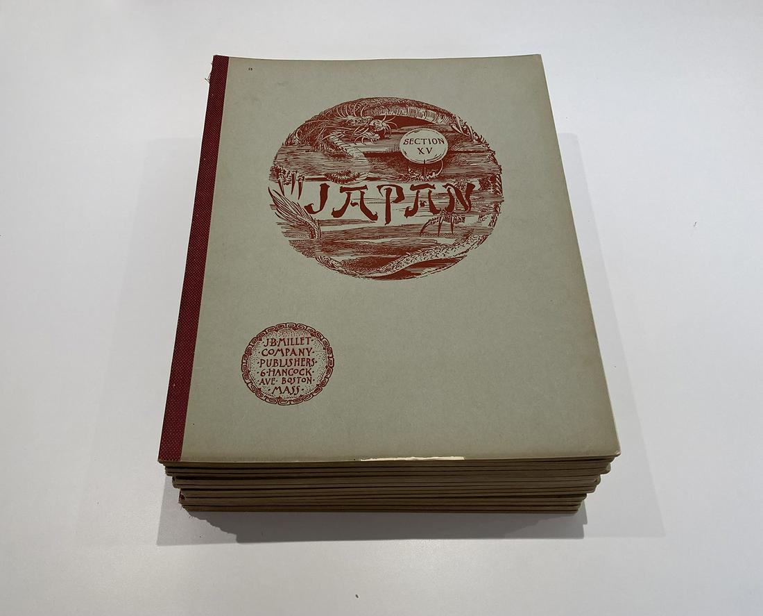 Japan, 15 volumes, J. B. Millet, 1897: Japan, Described and Illustrated by the Japanese, Written by Eminet Japanese Authorities and Scholars, Boston and Tokyo. J.B. Millet and Company, 1897-98. 15 volumes that include both hand-colored alb