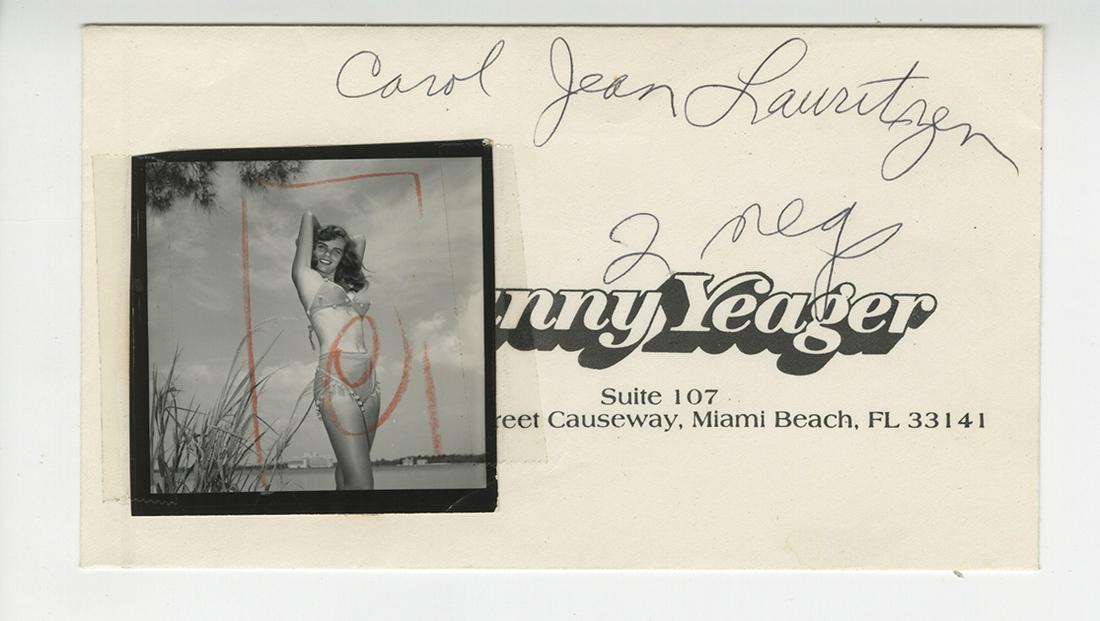 Bunny Yeager Lot, c. 1953-54: Bunny Yeager and assorted group of 2 1/4 x 2 1/4 vintage gelatin silver contact prints of various femalemodels. Each contact frame enclosed with indetifing envelope. Condition is excellent Female Fash