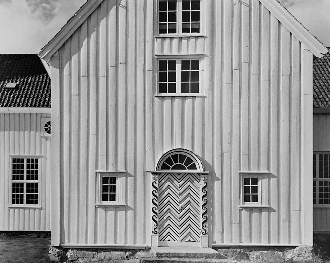 Donald Ross, White Church, 1968: Donald Ross, White Church, Norway, 1968. vintage gelatin silver print, 15 3/4 x 19 3/4 inches, mounted 22 x 26 inches. Signed on the mount recto. Condition is excellent Black and White Façade, Classi