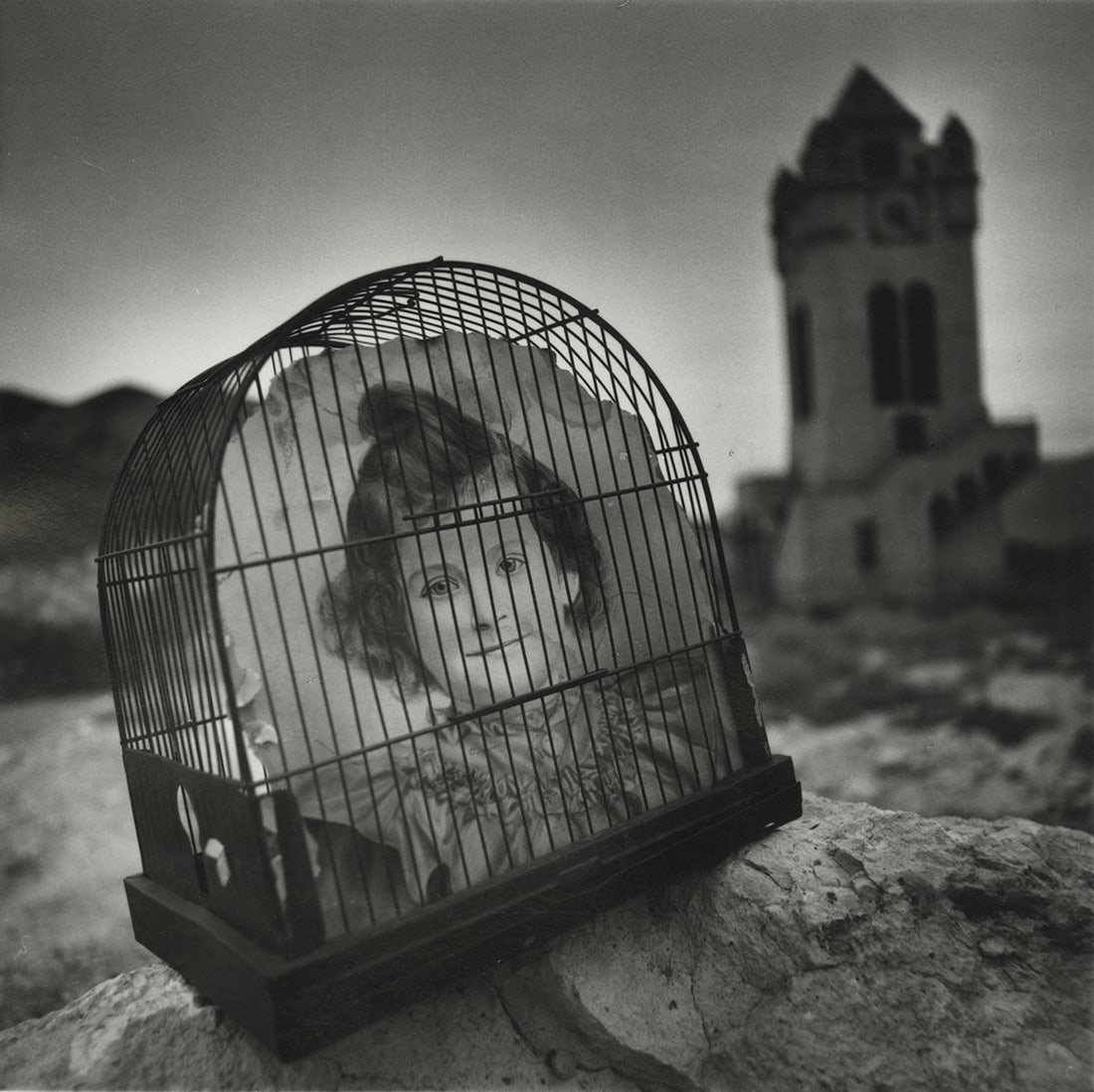 Arthur Tress, Girl in Cage, 1980: Arthur Tress, Girl in Cage, Death Valley, 1980. vintage gelatin silver print, 7 1/2 x 7 1/2inches, 10 x 8 in sheet. Matted 18 x 15 inches. Signed on the print recto and verso. Condition is excellent S