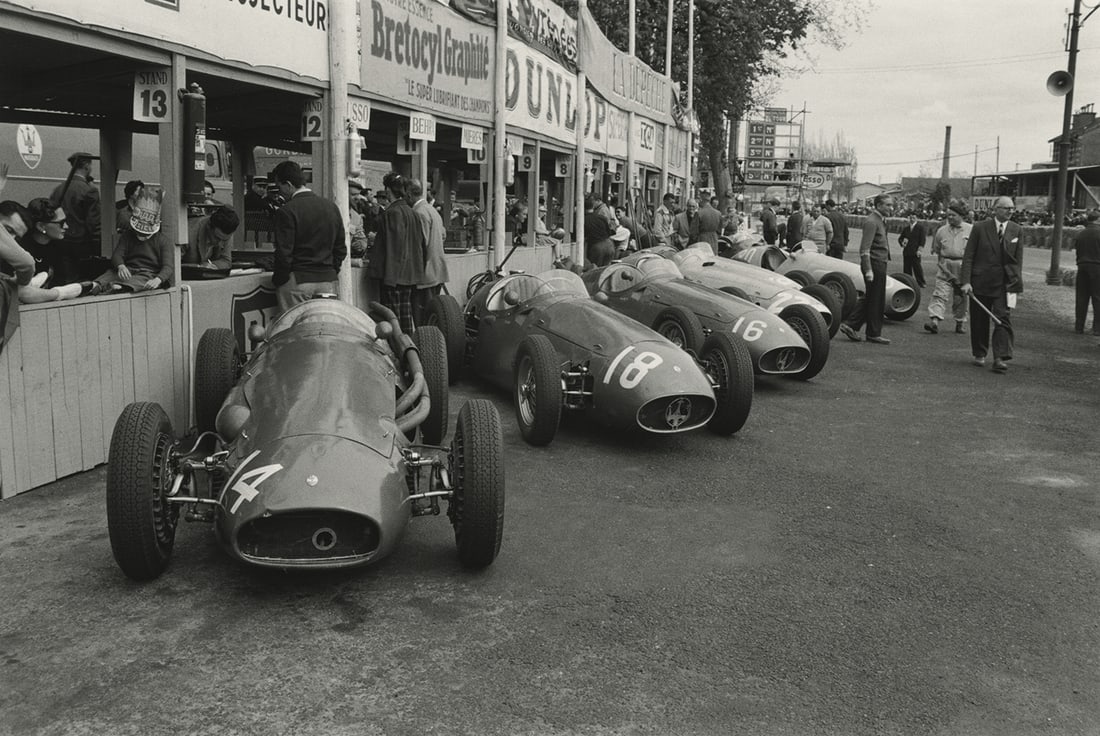 Jesse Alexander, 250 F Team, 1955: Jesse Alexander, Maserati, 250 Team, Pau, 1955. gelatin silver print, 12 1/4 x 18 inches on a 16 x 20 inch sheet. Signed on the print recto. Condition is excellent Motor Sports, Car Racing, Italian Sp