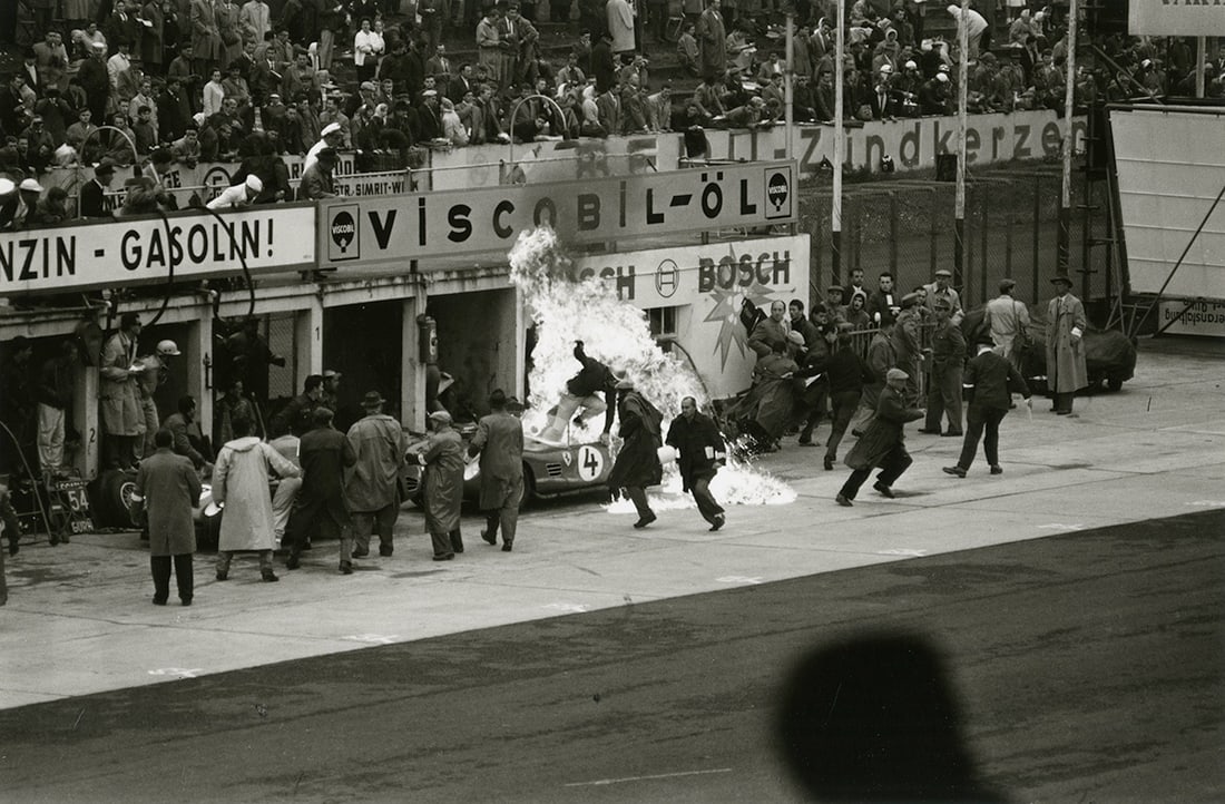 Jesse Alexander, Scarlatti, 1960: Jesse Alexander, Scarlatti, Ferrari Fire, Nurburgring, 1960. gelatin silver print, 11 x 14 inches. Signed on the print recto. Condition is excellent Motor Sports, Car Racing, Italian Sports Car, Vinta