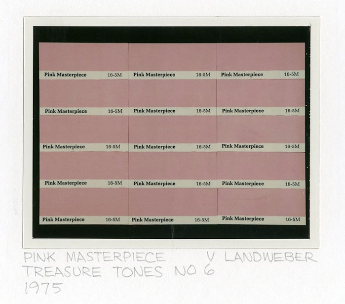 Victor Landweber, Pink Materpiece, 1975: Victor Landweber, Pink Materpiece No.6, 1975. Polaroid positive print, 3 x 4 inches. Mounted 11 x 14 inches. Signed on the mount recto. Condition is excellent Conceptual Art and Photography, 1970s col