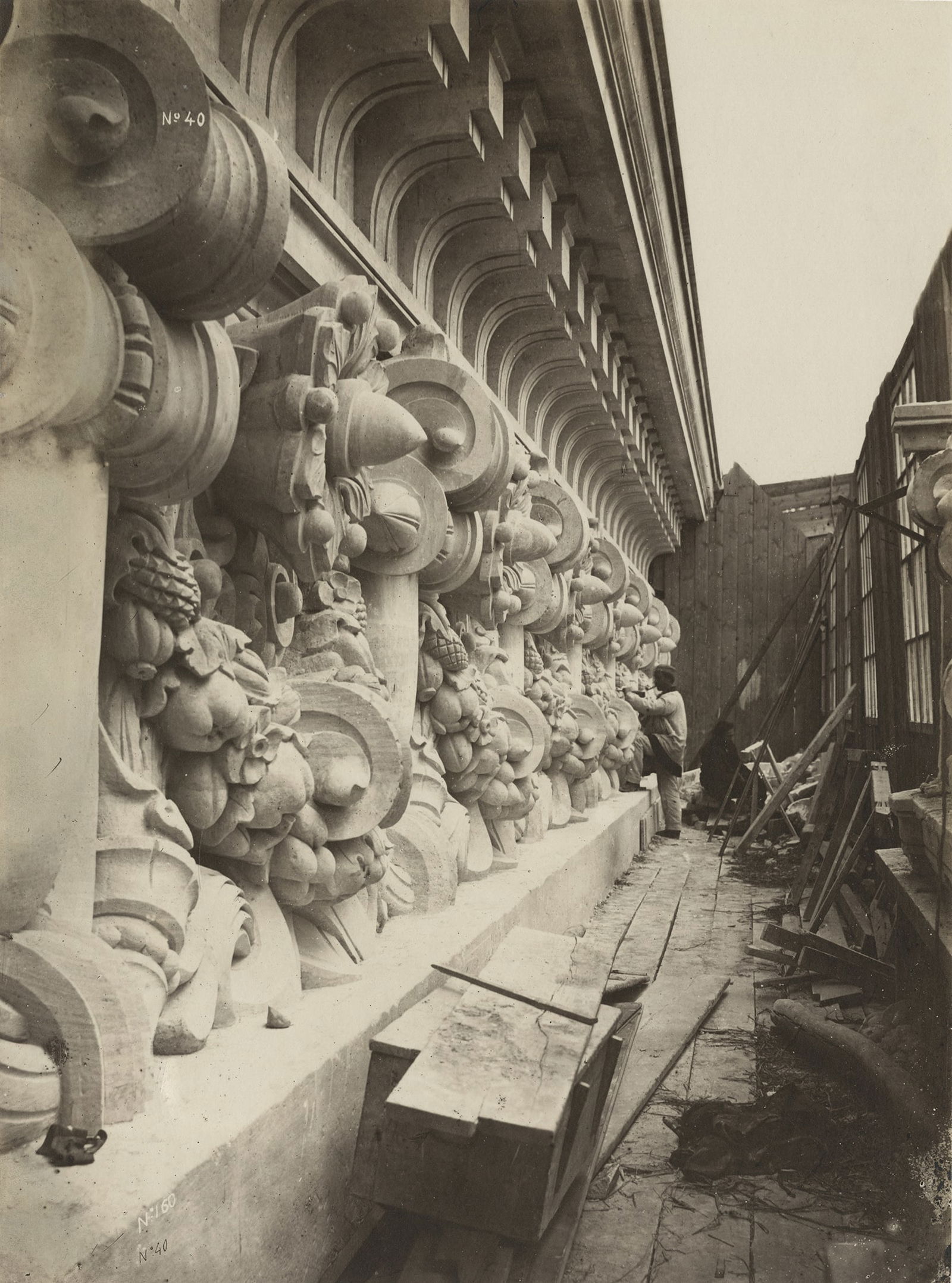 Louis-Emile Durandelle, Opera, c.1870s: Louis-Emile Durandelle, Sculpture Ornmentale Le Nouvel Opéra de Paris, c. 1870s. vintage albumen print, mounted to album page, 15 x 11 3/16 inches on a 23 1/8 x 17 1/2 inch page. Ducher et C'e Editeu