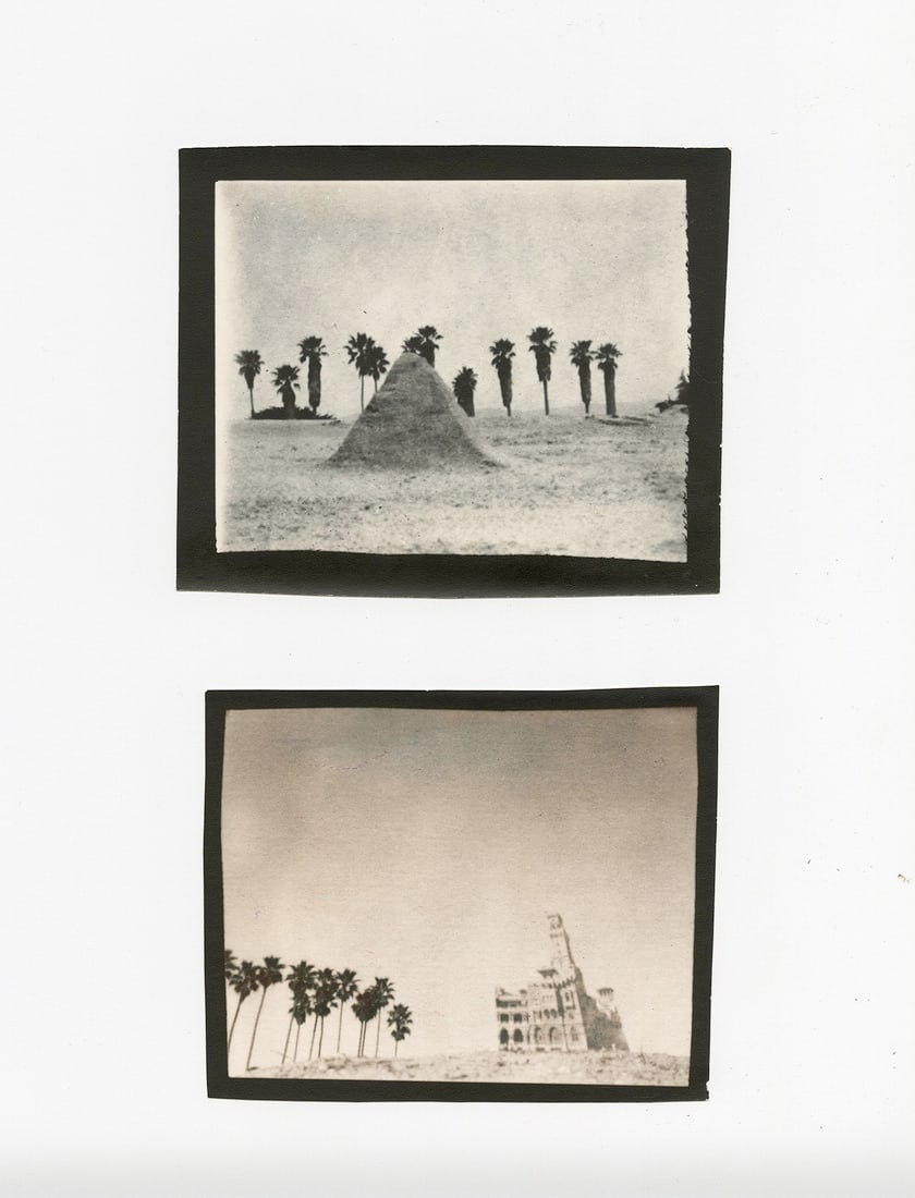 Ruth Thorne-Thomsen, 2 print lot: Ruth Thorne-Thomsen, untitled, palms and pyramid, 1976 and untitled, palms, building, 1977. Two vintage gelatin silver prints, 4 x 5 inches each. One of the prints, palmand pyramid is unsigned. Condit