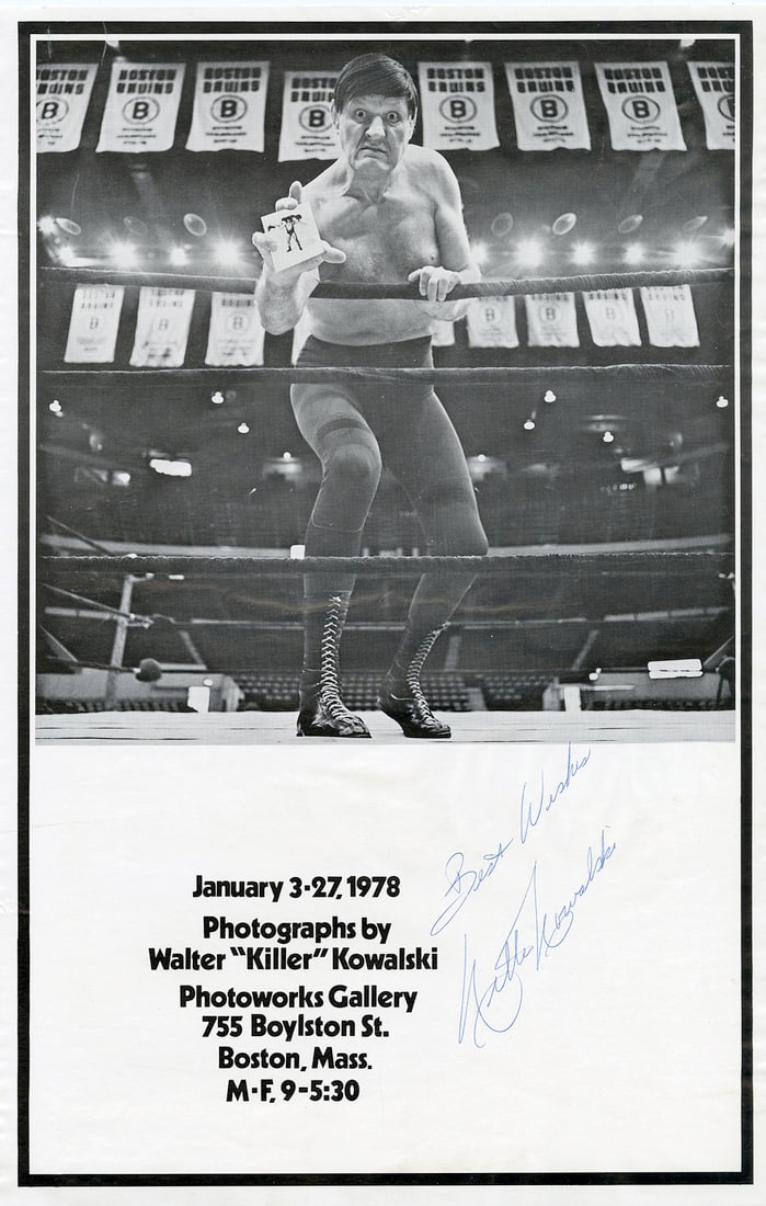 Walter Killer Kowalski, Photo Lot: Walter Kowalski, signed poster and two signed 14 x 11 inch gelatin silver prints. Each signed on their verso. Condition is excellent Professional Wrestling, Vintage Sports During his professional wres