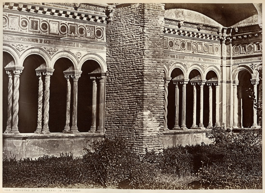 Giovanni In Laterano, c. 1875: Chiostro Di S Giovanni In Laterano, c. 1875 , vintage albumen prints mounted recto and verso to an album page, 11 x 14 3/4 inches mounted 13 1/8 x 18 1/4 inches. Matted 8ply, 18 x 22 inches. Condition
