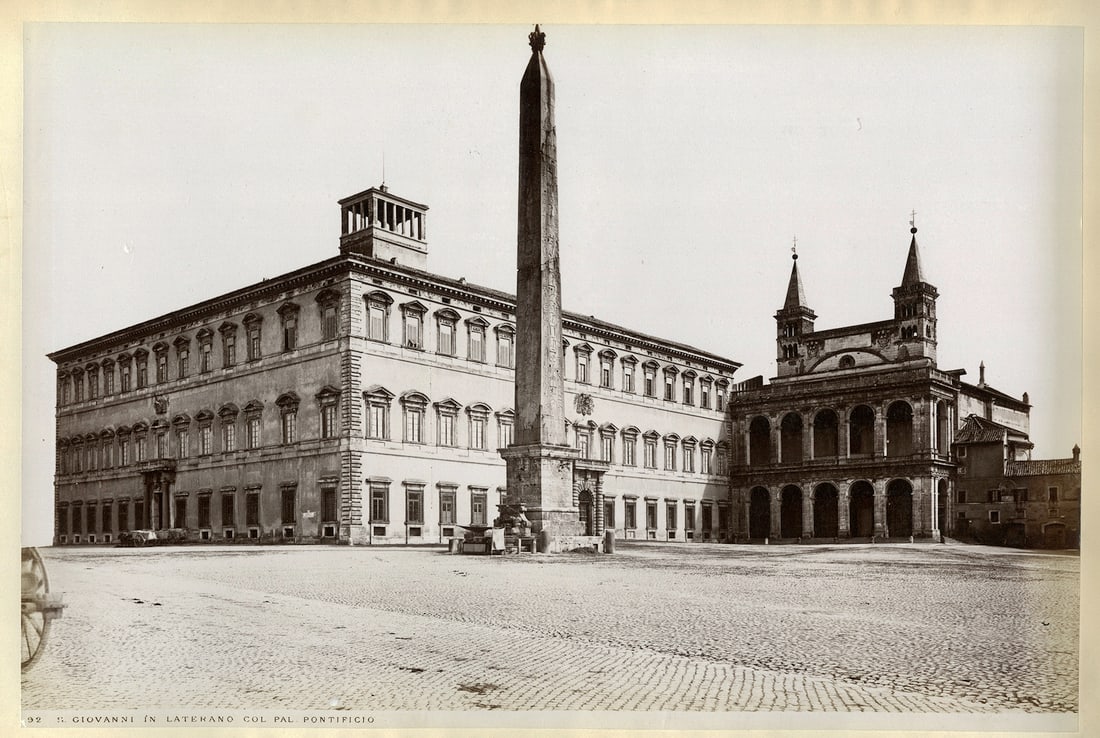 Laterano, Portifino, c. 1875: S. Giovanni in Laterano, Pontifino, c. 1875 , vintage albumen prints mounted recto/verso to album page, 11 x 16 inches mounted 13 1/8 x 18 1/4 inches. Matted 8ply, 18 x 22 inches. Condition is excelle