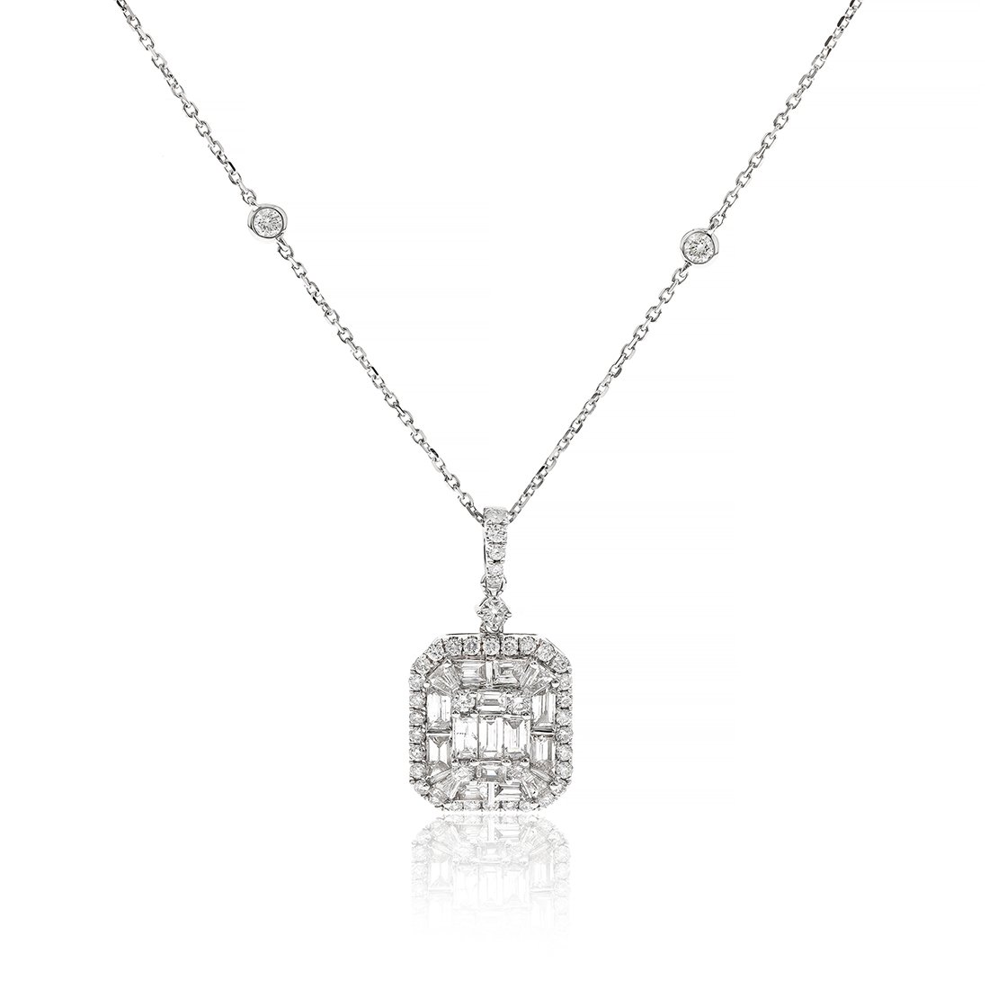 Illusion Set Baguette Diamond and Double Halo Necklace: Illusion Set Baguette Diamond and Double Halo Necklace in 18K White Gold Gold Information:-Hallmark: 18 Karat White Gold-Gold Weight: 4.42gr Stone details:-17 diamonds of 0.04765ct, total: 0.81ctCut: