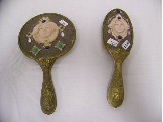 Very fancy Schafer and Vater hand mirror and brus: with lavender bisque art nouveau lady medallions on iridescent ground, and brass mermaid handles