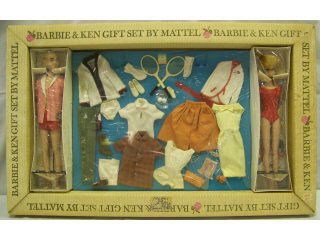 1962 Barbie & Ken Gift Set, stock #892, Tennis Se: from Ward, Spiegel, cellophane torn on right side and left corner, and over Barbie's face, Ken's cardigan is soiled and shoes are loose, Barbie's tennis shoes are loose and both ears are green, earrin