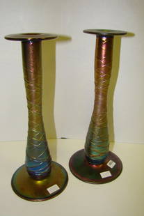 Pair of iridescent art glass threaded candlesticks,: with "spider webbing" design, approx. 10 1/2" high; believe to be Imperial Free Form, circa 1920s