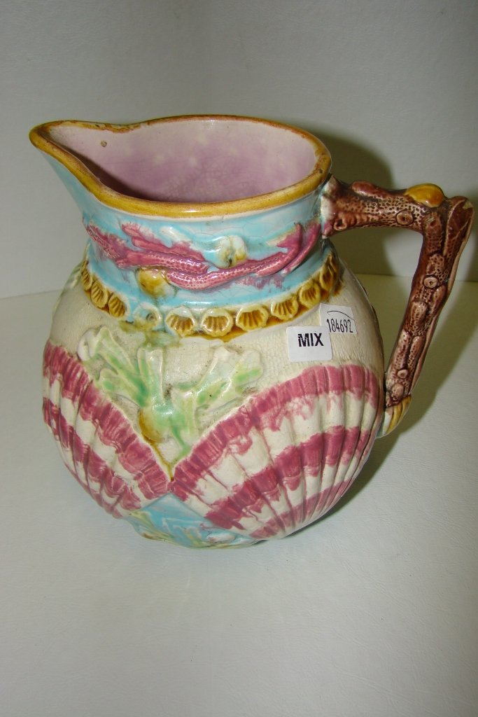 Majolica pitcher by Wardle; Shell, Seaweed, and Wav: Waves pattern, 7 1/2" high