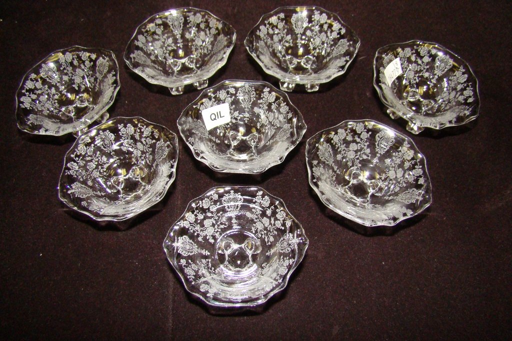 Eight Rose Point clear crystal 4-toed nut cups meas: measuring 3" x 1 1/2"