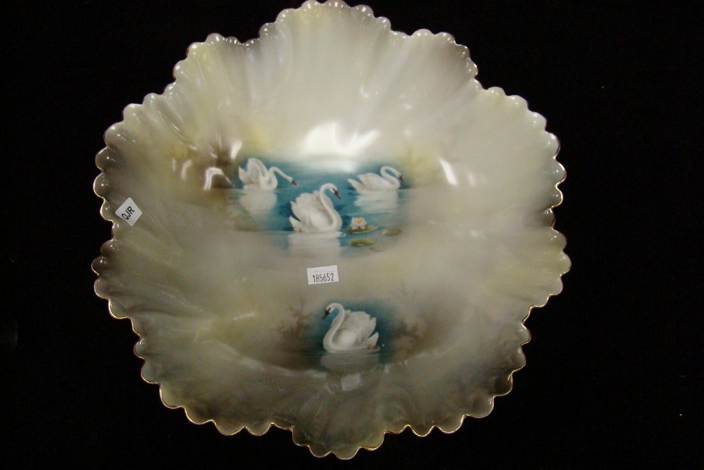 An RS Prussia china serving bowl, 11," mark 1, mold: 11," mark 1, mold 257A, Swans in Lake pattern
