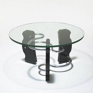 Denham Maclaren Coffee Table: Rare Denham Maclaren Coffee Table United Kingdom, c. 1930 glass, lacquered wood, chrome-plated steel, rubber. Height: 19" / 48.26cm Diameter: 36" / 91.44cm