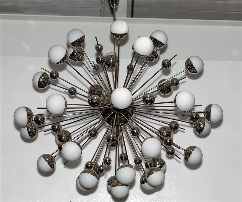 Large Nickel Sputnik Chandelier Fedele Papagni: Spectacular Limit Edeition "Sputnik" chandelier with 30 3" milk glass globe diffusers. Nickel Metal globes in 3 different sizes. Chandelier is in Nickel Finish. by Fedele Papagni Milan Height: 46" / 1