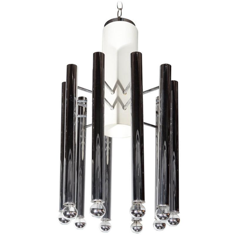 Vintage Esperia Chandelier: Esperia Italian Mid Century Modern chandelier, large center cylinder in white enamel finish with ten suspended tubular chrome lights. Height: 30" / 76.2cm Diameter: 17.5" / 44.45cm