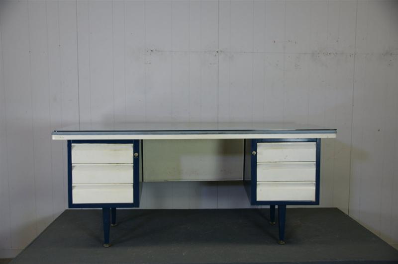 Italian Vintage Metal Desk: Italian Vintage all Metal Desk Blue & White. Height: 31.5" / 80.01cm Width: 33.5" / 85.09cm Length: 72.5" / 184.15cm