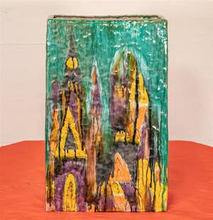 Elio Schiavon Vase Italy: 1960 Modernist hand painted ceramic vase or Umbrella Stand by Italian potter Elio Schiavon (Italy Padova) Depicting a rooftop scene, Intense colours and glaze. This is an excellent example of Schiavon