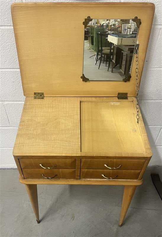 Vanity: Beautiful wood vanity with flower decal on the top Height is 46" when top is open Dimensions: Height: 31" / 78.74cm Depth: 16" / 40.64cm Width: 23.5" / 59.69cm Quantity: 1