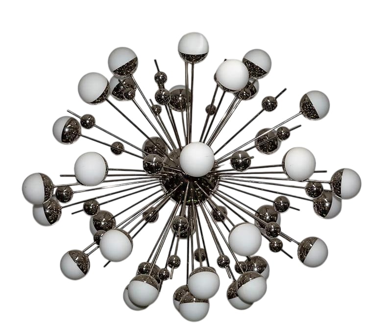 Large Nickel Sputnik Chandelier by Fedele Papagni: Spectacular Limit Edition "Sputnik" chandelier with 30 3" milk glass globe diffusers. Nickel Metal globes in 3 different sizes. Chandelier is in Nickel Finish. by Fedele Papagni Milan Not UL Certified