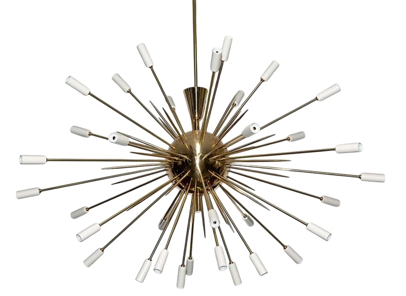 Large Brass Sputnik by Fedele Papagni: Large scale light fixture reminiscent of an exploding star with white tips. Brass rods--both lit (34 candelabra bulbs) and speared--shoot out of a brass core. High-quality, hand made piece. Not UL Cer