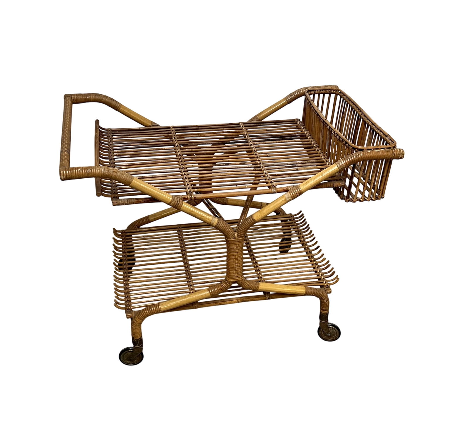 Vintage Italian Bamboo Bar Cart/Trolley: This Italian vintage drinks trolley or bar cart is a great statement piece with beautiful design and unique angles. Mid Century Modern style made out of bamboo. Great quality