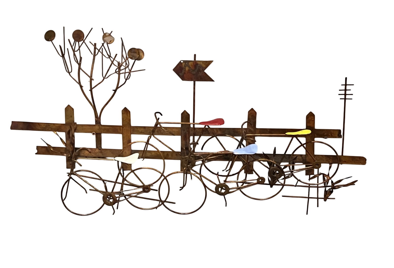Curtis Jere Bicycle Sculpture: Enameled Metal "Bicycles Along Pickett Fence" Wall Sculpture attributed to Curtis Jere All copper dipped and welded steel and with primary colored enameled bicycle seats