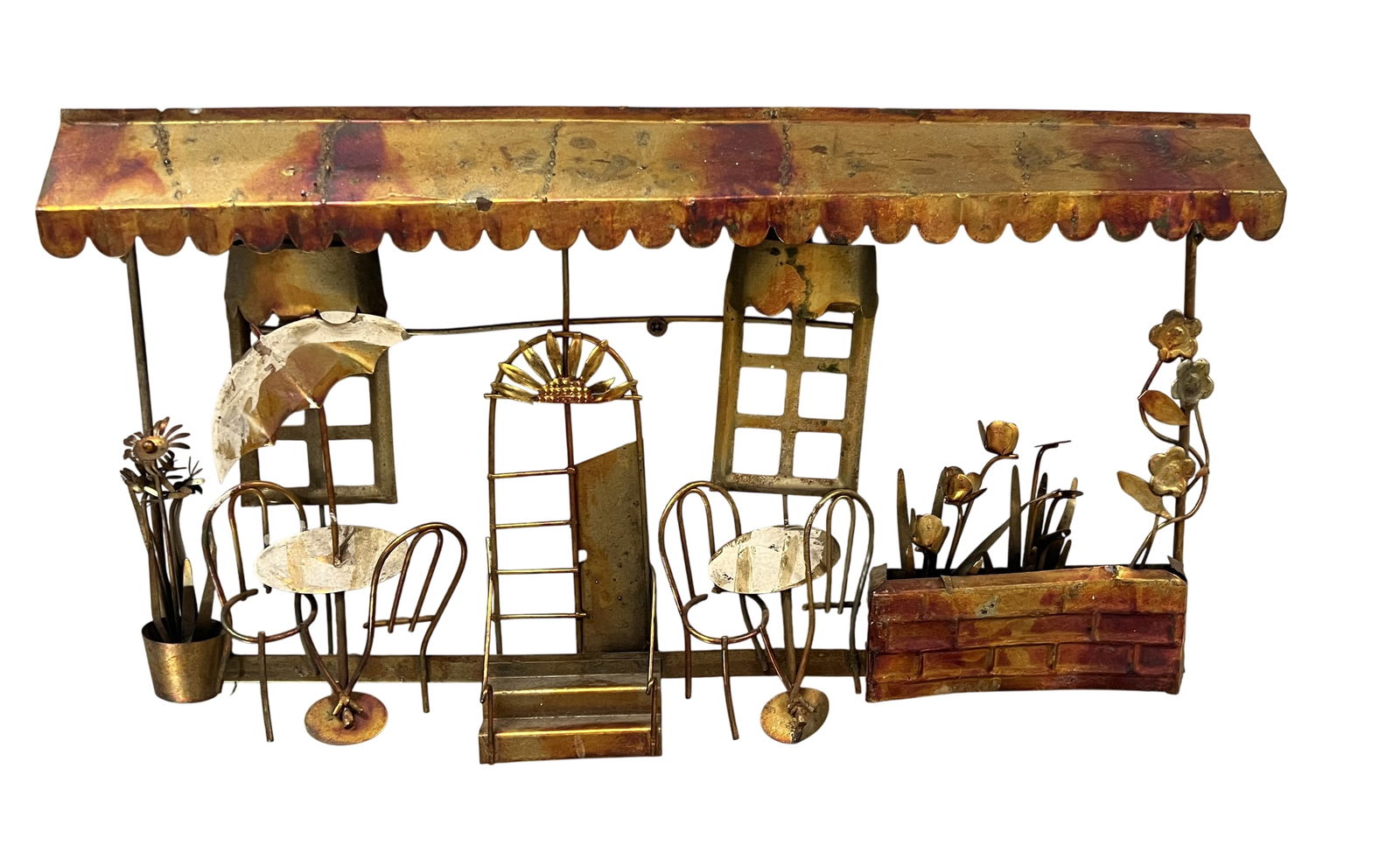Art Deco Café Bistro Wall Sculpture: Brutalist metal wall sculpture of an outdoor bistro Café.This sculpture is a gorgeous patinated metal made famous by Curtis Jere in the 60s