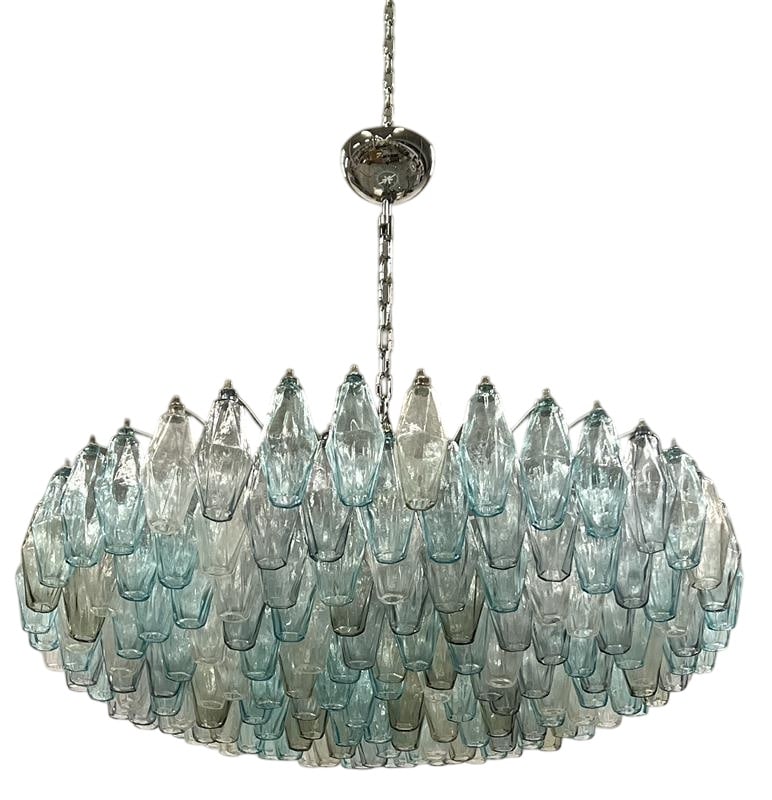 Polyhedron Giudecca Chandelier Cool Colors: Stunning modernist chandelier "Giudecca" Murano hand blown mix colored polyhedral shades glass, suspended from a chrome frame. The frame features a gradual upward graduation from its center. Not UL