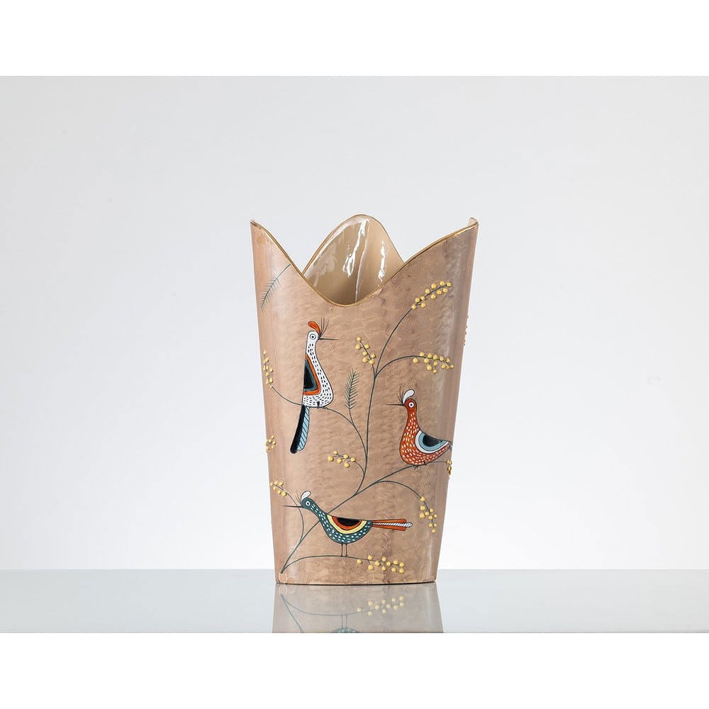 Deruta Umbrella Stand: DERUTA Made in Italy, ca. 1950. Umbrella stand in brown glazed ceramic decorated with mimosa branches in relief, polychrome birds, triangular body with shaped mouth decorated in pure gold.