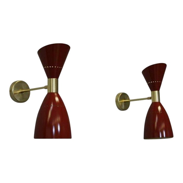 Pair of Red Italian Sconces: Pair Italian SconcesClassic Stilnovo forms comprised of painted (Red) metal cones & polished brass supports. 