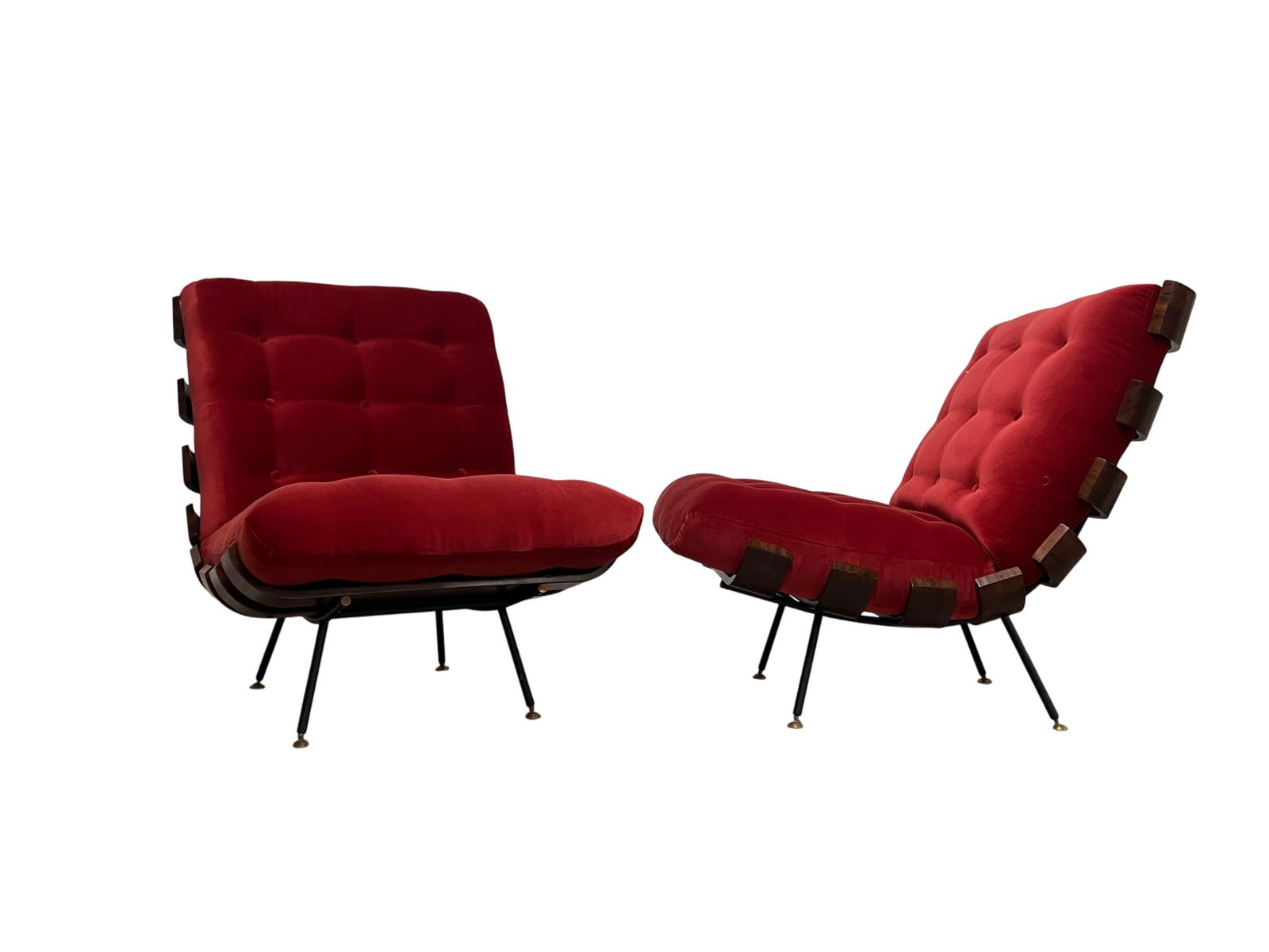 Costela Lounge Chairs: Pair of Costela Lounge Chairs made out of wood with metal legs Comes with reupholstered cushions Very good condition Carlo Hauner and Martin Eisler for Forma Brazil 1950s