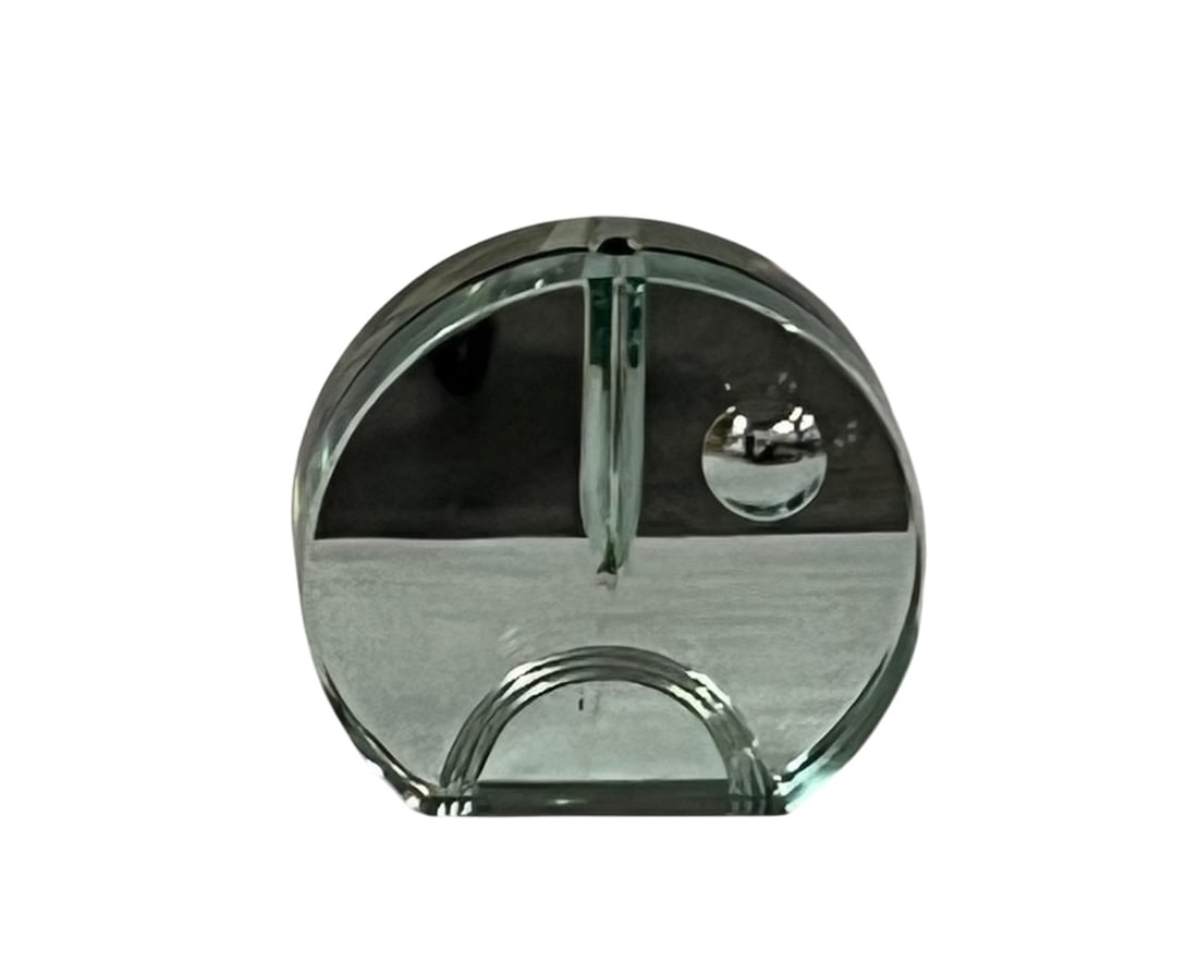 Vase by Luigi Radice and Pierangelo Gallotti: Vase designed by the Italian designers Luigi Radice and Pierangelo Gallotti in the 1960s. Green circular vase made of chromed metal and cut crystal. It is missing the metal flower insert and there is