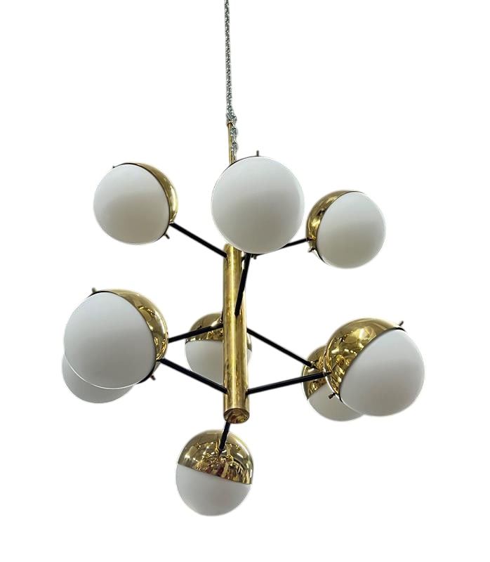 Stilnovo Style Chandelier produced in Italy.: Polished chandelier in the style of Stilnovo 9 white globes Not UL Certified May need rewired
