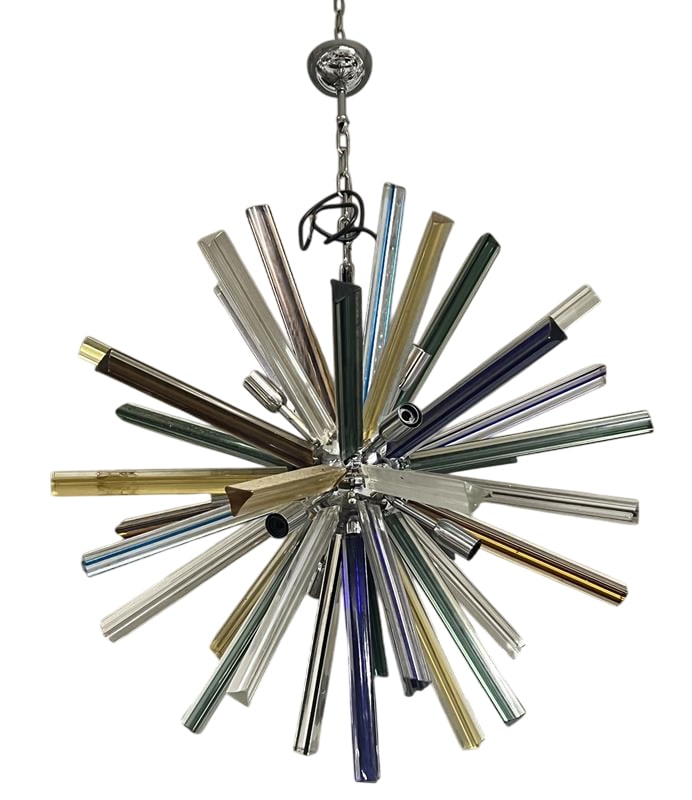 29" Triedi Mix Color Sputnik Chandelier, Italy, 1960c.: Murano Triedi Mix Color Sputnik. Not UL Certified. May need rewired