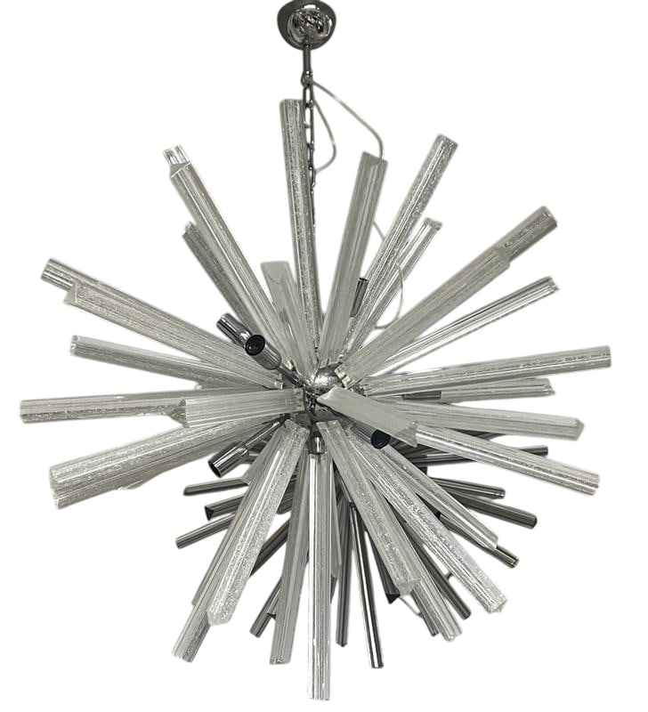Triedi Sputnik Chandelier, Italy, 1960c.: Murano Crystal Triedi Chandelier New Structure, Old Glass Clear/white rays with silver speckles Not UL Certified. May need rewired