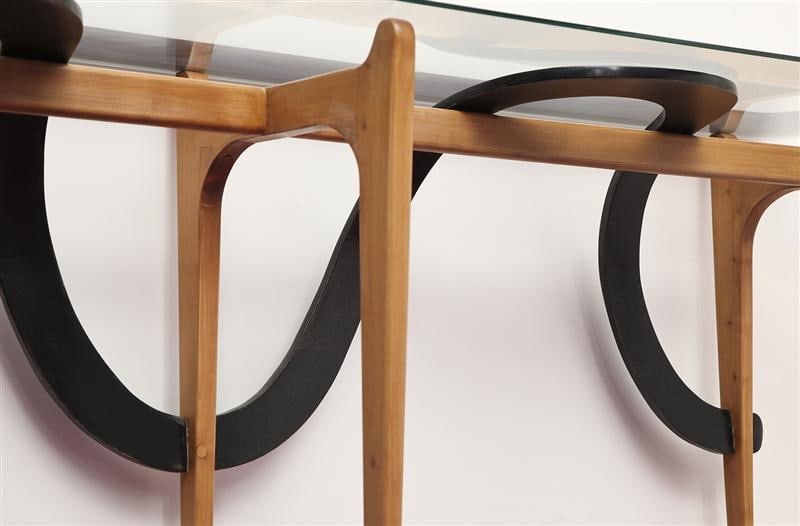 Console Table by Ico Parisi: Rare Sculptural Console Table by Ico & Luisa ParisiItalyc. 1954 Studio-built table. Architectural structure in ebonized & blonde woods. Glass top. A very rare double-wide version of a well documented