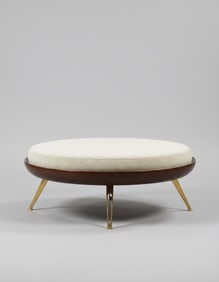 Large round ottoman, solid wood and brass, Italy, c.1960
